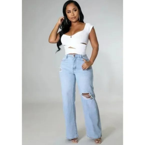 Blue High Waist Ripped Distressed Wide Leg Jeans Denim Pants - Picture 4 of 12